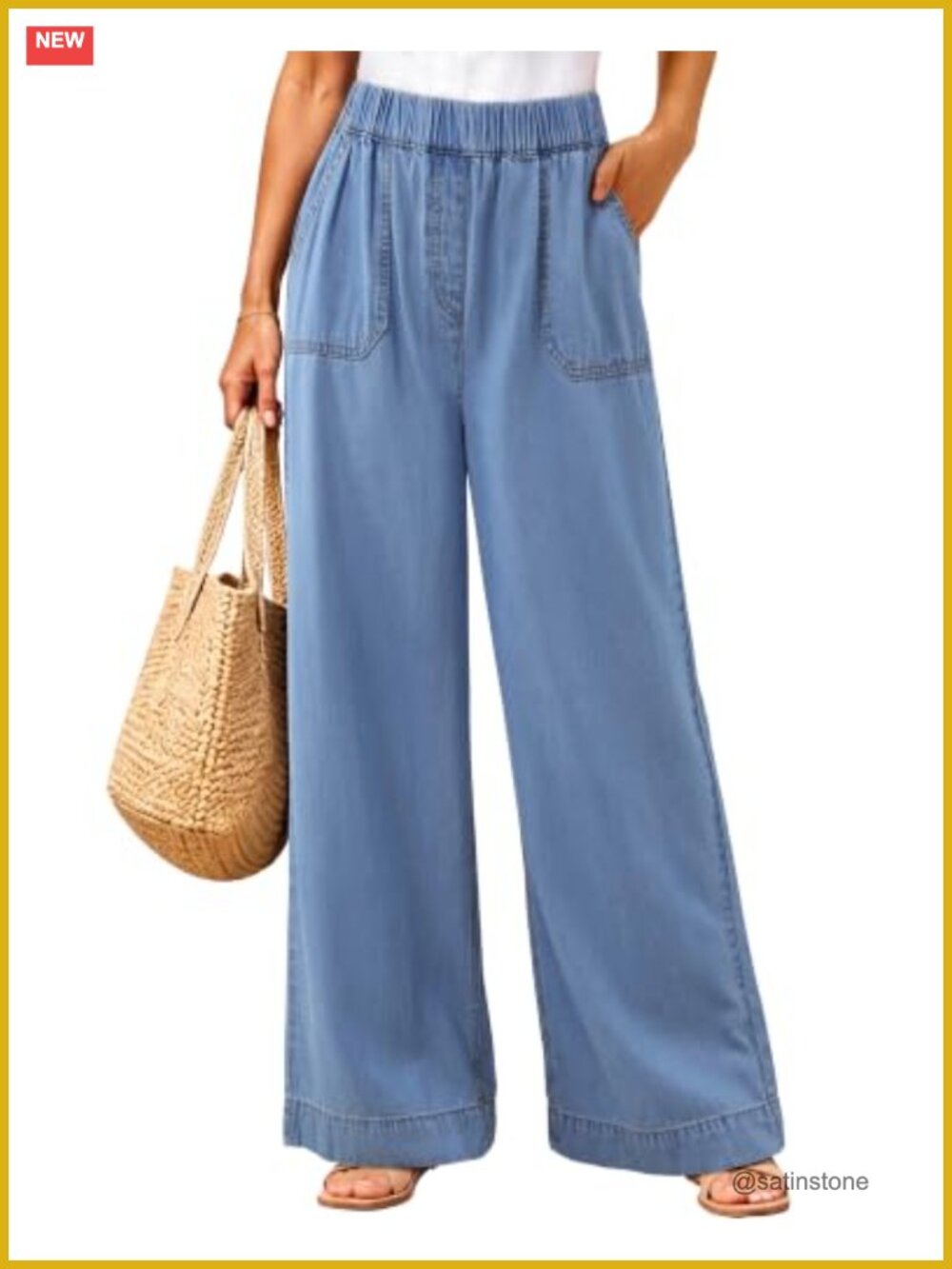 Wide Leg High Waisted Pull On Jeans, Stretchy Denim with Patch Pockets,